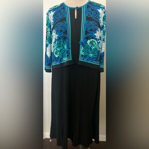 R&M Richards Black Dress with Blue Floral Overlay